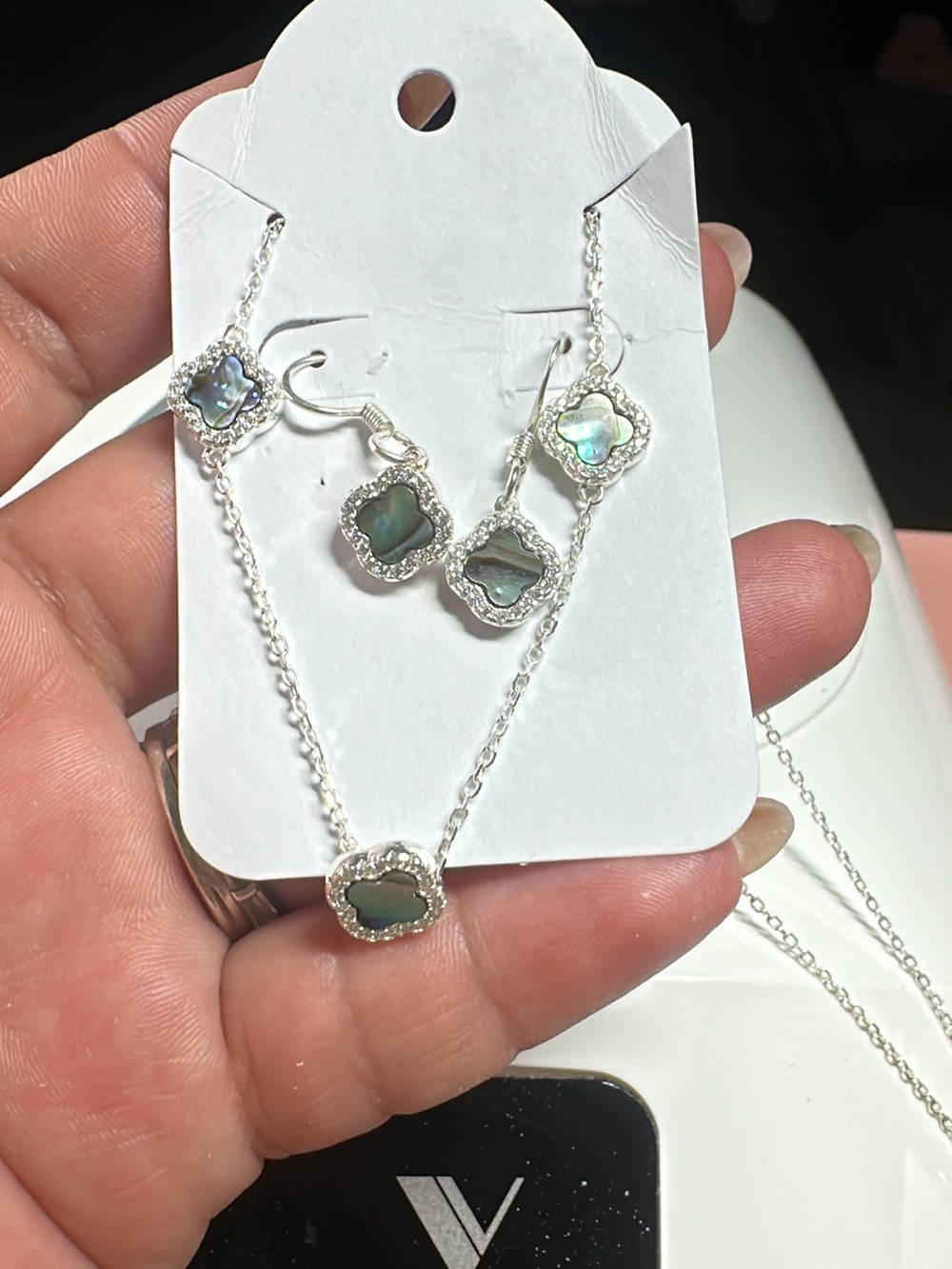 Iridescent Abalone Clover Pendant Necklace and Earring Set - Silver Tone